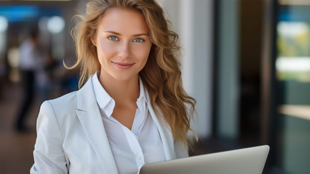 Photo of a young smiling business woman in a light jacket with a computer in her hands. against the background of a blurred image of the office.Generative AI