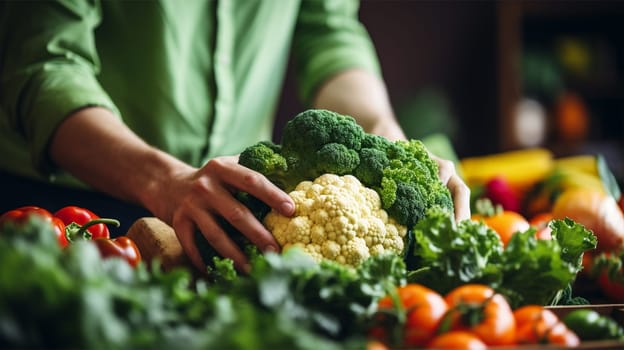 a man stacks fresh vegetables on the counter. Natural organic food. Bio Concept.Generative AI