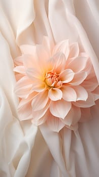 the velvety detail of a dahlia flower rests on a textured lightweight fabric.Generative AI