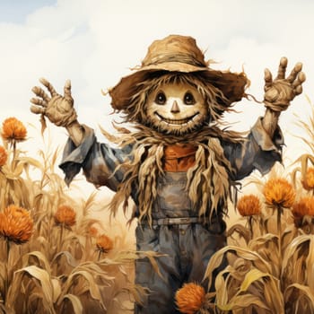 laughing scarecrow made of branches and old clothes on a farmer's field.drawing on a light background.Generative AI
