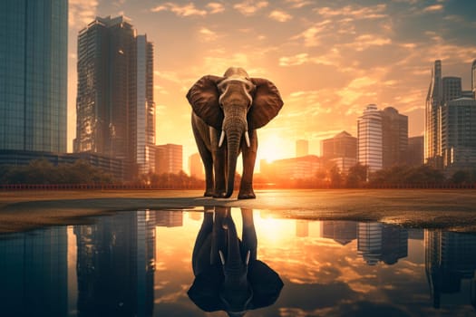 Big elephant in the city walking on the city square. An elephant that lives in the city. AI generated