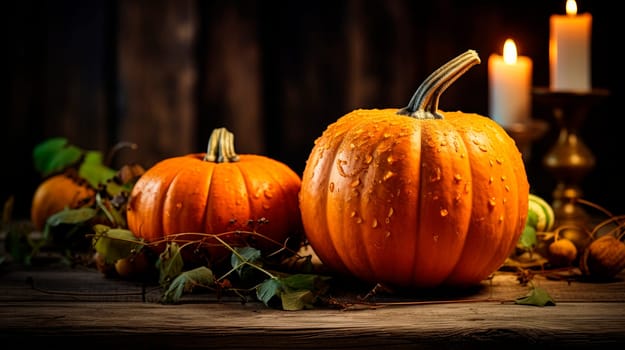 Halloween pumpkins on a old wooden background. Conceptual still life on the theme of Halloween. AI generated
