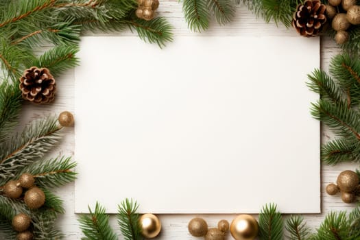 Festive composition of Christmas decorations. Flat lay with copy space. New year holiday frame. AI generated