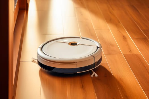 Robotic vacuum cleaner on laminate wood floor. Robot vacuum cleaner on hardwood floor at home. Smart cleaning technology. AI generated