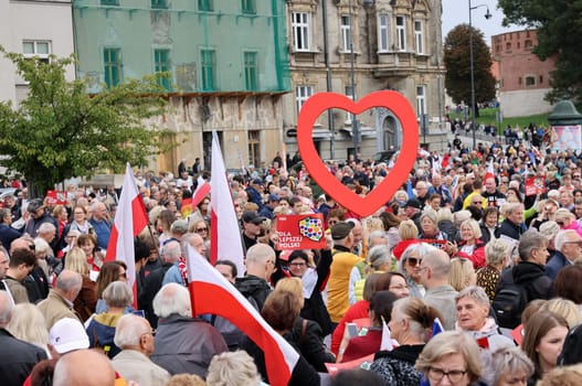 Cracow, Poland - October 1, 2023: Million Hearts March in Krakow. Crowds of Poles march through the streets of Krakow protesting against PiS's rule