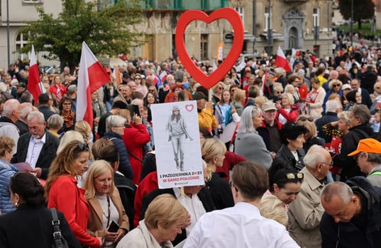 Cracow, Poland - October 1, 2023: Million Hearts March in Krakow. Crowds of Poles march through the streets of Krakow protesting against PiS's rule