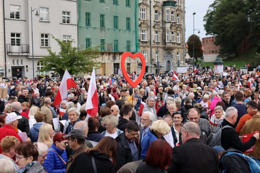 Cracow, Poland - October 1, 2023: Million Hearts March in Krakow. Crowds of Poles march through the streets of Krakow protesting against PiS's rule