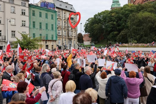 Cracow, Poland - October 1, 2023: Million Hearts March in Krakow. Crowds of Poles march through the streets of Krakow protesting against PiS's rule