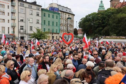 Cracow, Poland - October 1, 2023: Million Hearts March in Krakow. Crowds of Poles march through the streets of Krakow protesting against PiS's rule