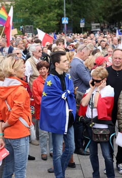 Cracow, Poland - October 1, 2023: Million Hearts March in Krakow. Crowds of Poles march through the streets of Krakow protesting against PiS's rule