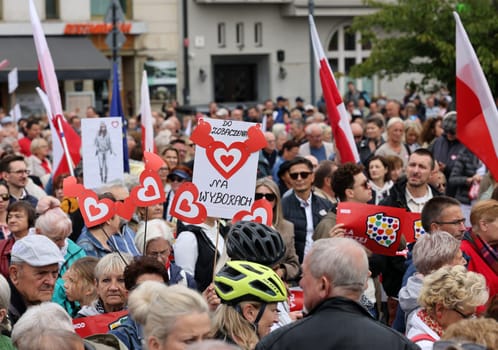 Cracow, Poland - October 1, 2023: Million Hearts March in Krakow. Crowds of Poles march through the streets of Krakow protesting against PiS's rule