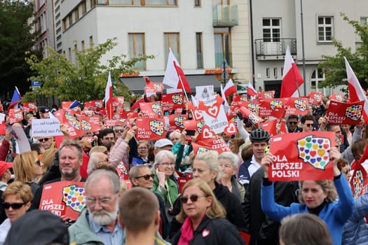 Cracow, Poland - October 1, 2023: Million Hearts March in Krakow. Crowds of Poles march through the streets of Krakow protesting against PiS's rule