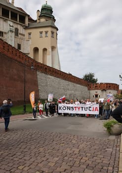 Cracow, Poland - October 1, 2023: Million Hearts March in Krakow. Crowds of Poles march through the streets of Krakow protesting against PiS's rule