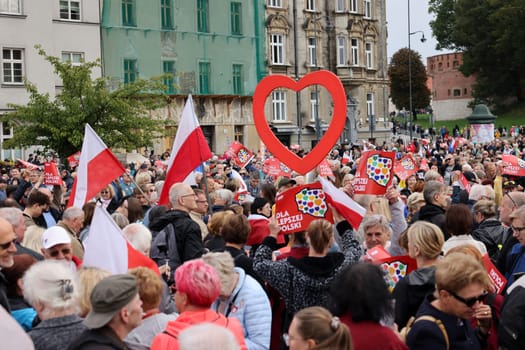 Cracow, Poland - October 1, 2023: Million Hearts March in Krakow. Crowds of Poles march through the streets of Krakow protesting against PiS's rule