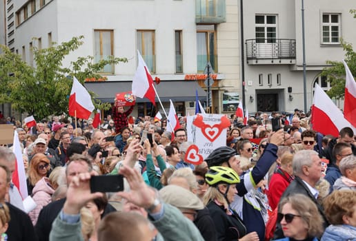 Cracow, Poland - October 1, 2023: Million Hearts March in Krakow. Crowds of Poles march through the streets of Krakow protesting against PiS's rule