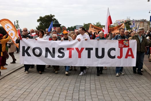 Cracow, Poland - October 1, 2023: Million Hearts March in Krakow. Crowds of Poles march through the streets of Krakow protesting against PiS's rule