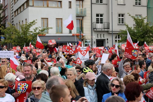 Cracow, Poland - October 1, 2023: Million Hearts March in Krakow. Crowds of Poles march through the streets of Krakow protesting against PiS's rule