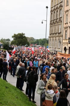 Cracow, Poland - October 1, 2023: Million Hearts March in Krakow. Crowds of Poles march through the streets of Krakow protesting against PiS's rule