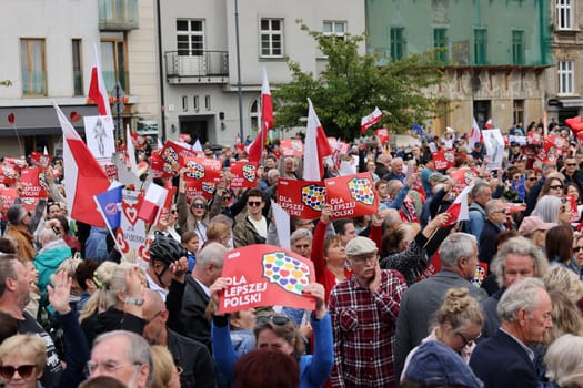Cracow, Poland - October 1, 2023: Million Hearts March in Krakow. Crowds of Poles march through the streets of Krakow protesting against PiS's rule