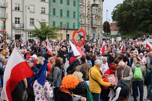 Cracow, Poland - October 1, 2023: Million Hearts March in Krakow. Crowds of Poles march through the streets of Krakow protesting against PiS's rule