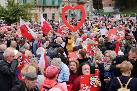 Cracow, Poland - October 1, 2023: Million Hearts March in Krakow. Crowds of Poles march through the streets of Krakow protesting against PiS's rule