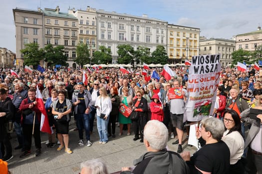 Cracow, Poland - October 1, 2023: Million Hearts March in Krakow. Crowds of Poles march through the streets of Krakow protesting against PiS's rule