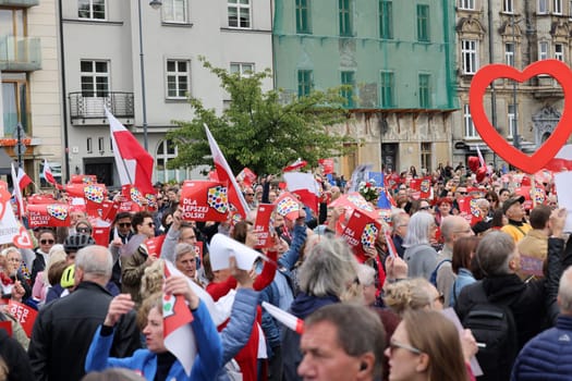Cracow, Poland - October 1, 2023: Million Hearts March in Krakow. Crowds of Poles march through the streets of Krakow protesting against PiS's rule