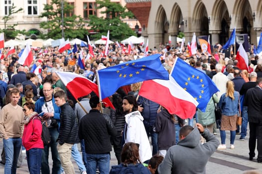 Cracow, Poland - October 1, 2023: Million Hearts March in Krakow. Crowds of Poles march through the streets of Krakow protesting against PiS's rule