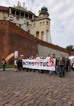 Cracow, Poland - October 1, 2023: Million Hearts March in Krakow. Crowds of Poles march through the streets of Krakow protesting against PiS's rule