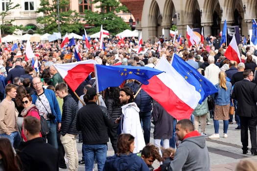 Cracow, Poland - October 1, 2023: Million Hearts March in Krakow. Crowds of Poles march through the streets of Krakow protesting against PiS's rule