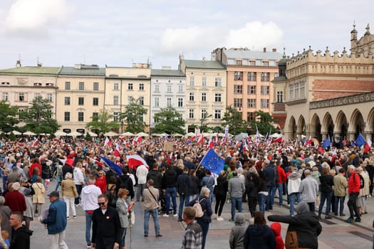Cracow, Poland - October 1, 2023: Million Hearts March in Krakow. Crowds of Poles march through the streets of Krakow protesting against PiS's rule