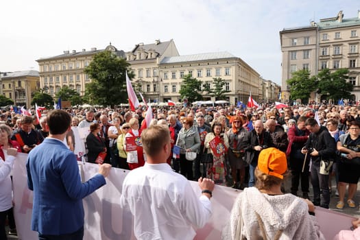 Cracow, Poland - October 1, 2023: Million Hearts March in Krakow. Crowds of Poles march through the streets of Krakow protesting against PiS's rule
