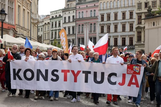 Cracow, Poland - October 1, 2023: Million Hearts March in Krakow. Crowds of Poles march through the streets of Krakow protesting against PiS's rule