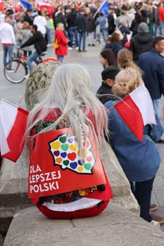 Cracow, Poland - October 1, 2023: Million Hearts March in Krakow. Crowds of Poles march through the streets of Krakow protesting against PiS's rule