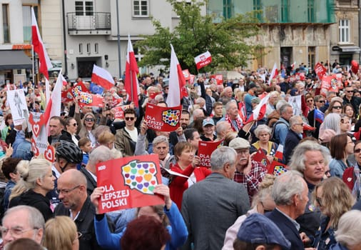 Cracow, Poland - October 1, 2023: Million Hearts March in Krakow. Crowds of Poles march through the streets of Krakow protesting against PiS's rule