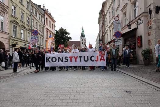 Cracow, Poland - October 1, 2023: Million Hearts March in Krakow. Crowds of Poles march through the streets of Krakow protesting against PiS's rule