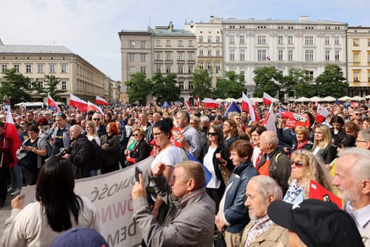 Cracow, Poland - October 1, 2023: Million Hearts March in Krakow. Crowds of Poles march through the streets of Krakow protesting against PiS's rule