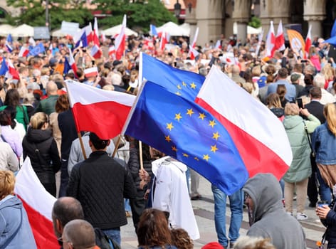 Cracow, Poland - October 1, 2023: Million Hearts March in Krakow. Crowds of Poles march through the streets of Krakow protesting against PiS's rule