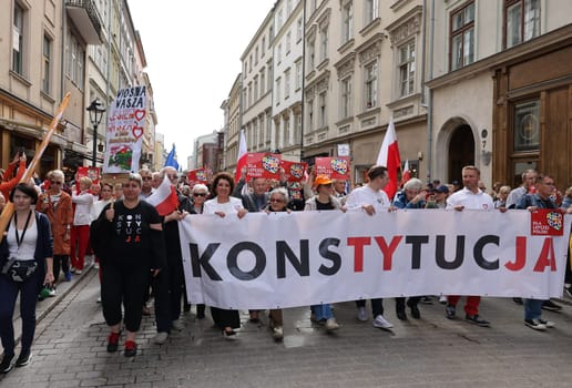 Cracow, Poland - October 1, 2023: Million Hearts March in Krakow. Crowds of Poles march through the streets of Krakow protesting against PiS's rule