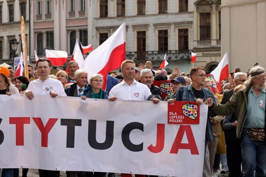 Cracow, Poland - October 1, 2023: Million Hearts March in Krakow. Crowds of Poles march through the streets of Krakow protesting against PiS's rule