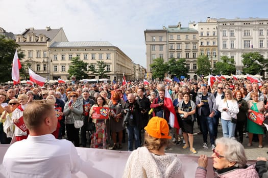 Cracow, Poland - October 1, 2023: Million Hearts March in Krakow. Crowds of Poles march through the streets of Krakow protesting against PiS's rule