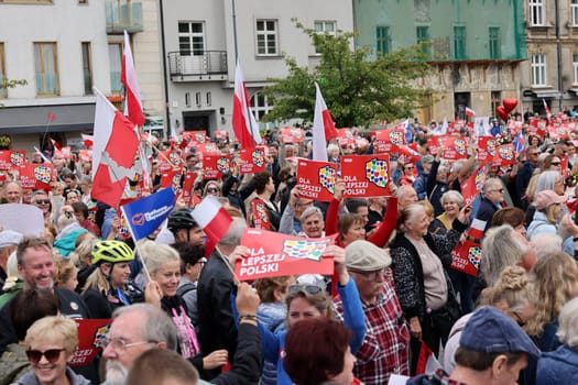 Cracow, Poland - October 1, 2023: Million Hearts March in Krakow. Crowds of Poles march through the streets of Krakow protesting against PiS's rule