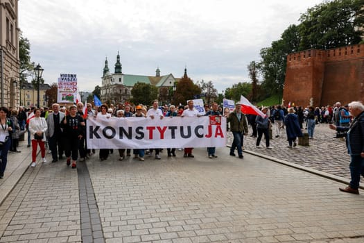 Cracow, Poland - October 1, 2023: Million Hearts March in Krakow. Crowds of Poles march through the streets of Krakow protesting against PiS's rule