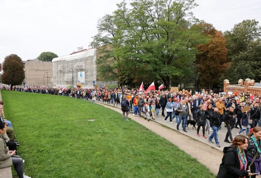 Cracow, Poland - October 1, 2023: Million Hearts March in Krakow. Crowds of Poles march through the streets of Krakow protesting against PiS's rule