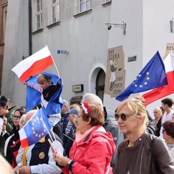 Cracow, Poland - October 1, 2023: Million Hearts March in Krakow. Crowds of Poles march through the streets of Krakow protesting against PiS's rule