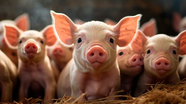 Many small piglets at the agribusiness farm. A small piglets in the farm waiting for feed. AI generated