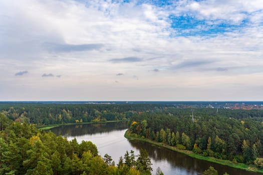 Bird's-Eye View of Neman River in Autumn Setting. Nemunas river in Druskininkai, Lithuania.