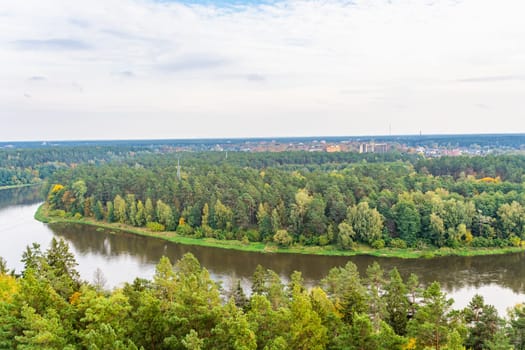Aerial Shot of Neman or Nemunas River Amidst Autumn Woods, Druskininkai, Lithuania.