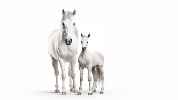 Beautiful horse with her foal isolated on white background. Artificial art.