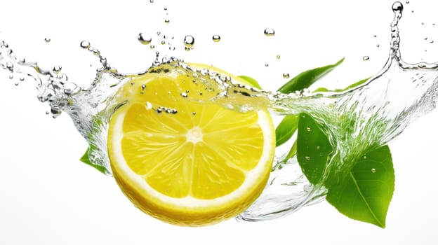 Fresh yellow lemon Fruit splash concept with water isolated on white background. artificial art